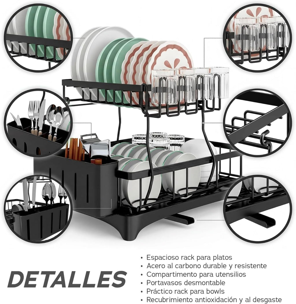 Raganet, Escurridor de Trastes Profesional 2 Niveles, Diseño de Acero Inoxidable Color Negro con Bandeja de Canaleta en 360°, Soporte de Vajilla, Vasos, Cubiertos y Accesorios de Cocina (42 x 33 cm)