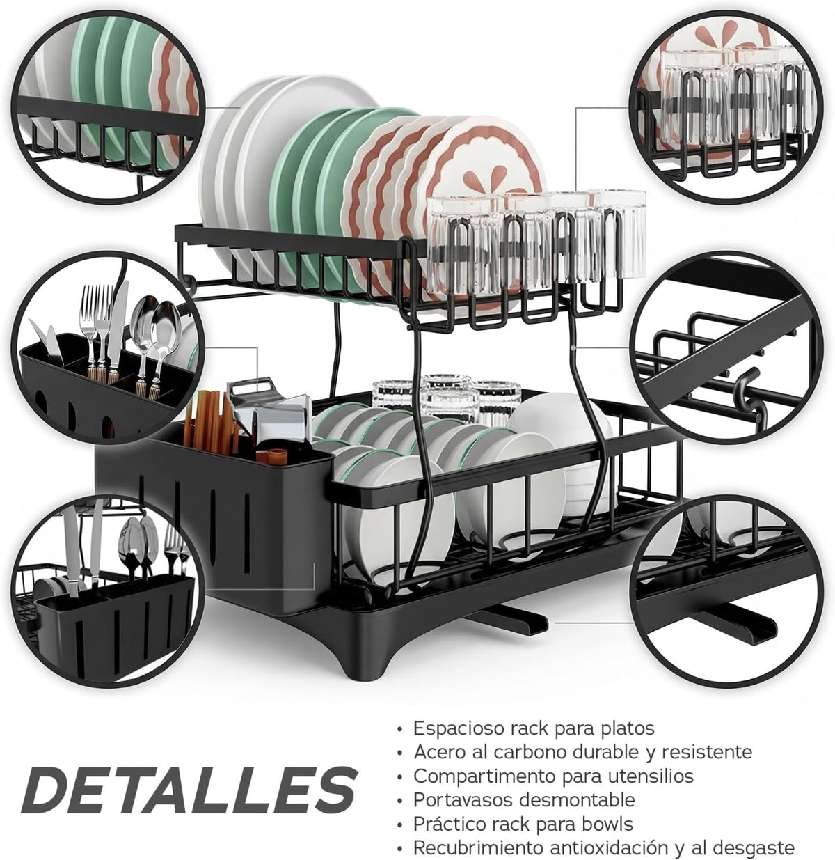 Raganet, Escurridor de Trastes Profesional 2 Niveles, Diseño de Acero Inoxidable Color Negro con Bandeja de Canaleta en 360°, Soporte de Vajilla, Vasos, Cubiertos y Accesorios de Cocina (42 x 33 cm)