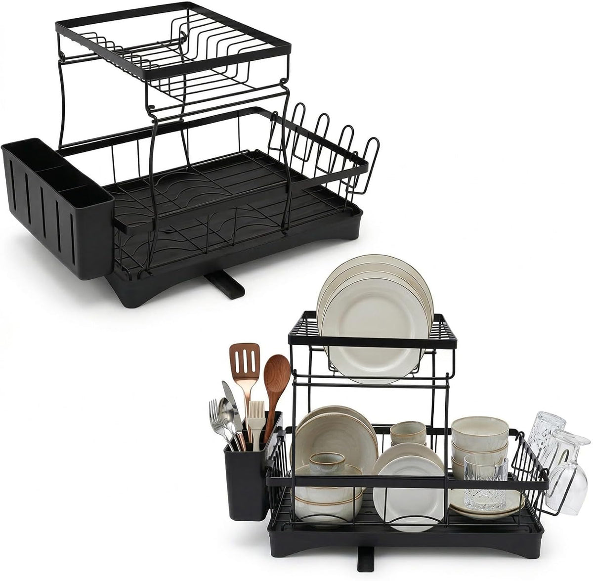 Raganet, Escurridor de Trastes Profesional 2 Niveles, Diseño de Acero Inoxidable Color Negro con Bandeja de Canaleta en 360°, Soporte de Vajilla, Vasos, Cubiertos y Accesorios de Cocina (42 x 33 cm)