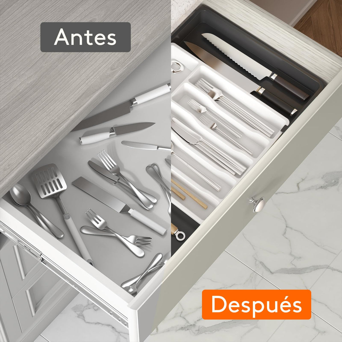 Lifewit Organizador de cubiertos, bandeja extensible para cubiertos, cubertero para cajón de cocina, organizador ajustable y compacto para cucharas, tenedores y cuchillos, grande, negro