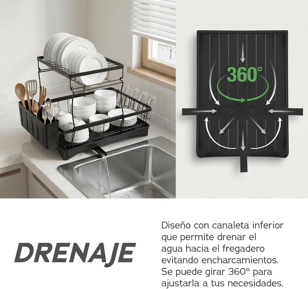 Raganet, Escurridor de Trastes Profesional 2 Niveles, Diseño de Acero Inoxidable Color Negro con Bandeja de Canaleta en 360°, Soporte de Vajilla, Vasos, Cubiertos y Accesorios de Cocina (42 x 33 cm)
