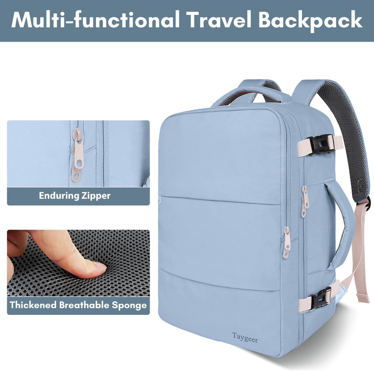 Mochila de viaje Taygeer de 35L, 10 kg para avión, para hombre y mujer, negra