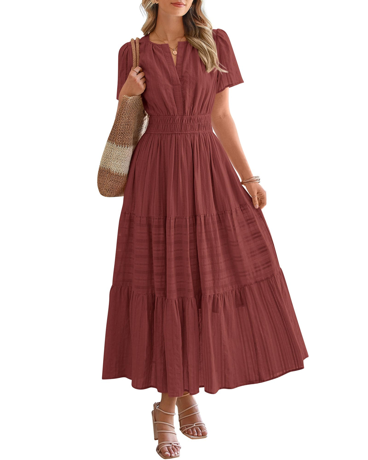 BTFBM - Vestido largo casual de verano 2025 midi y maxi para mujer, ligero, manga corta, cuello en V, cintura elástica, con bolsillos, estilo bohemio para playa