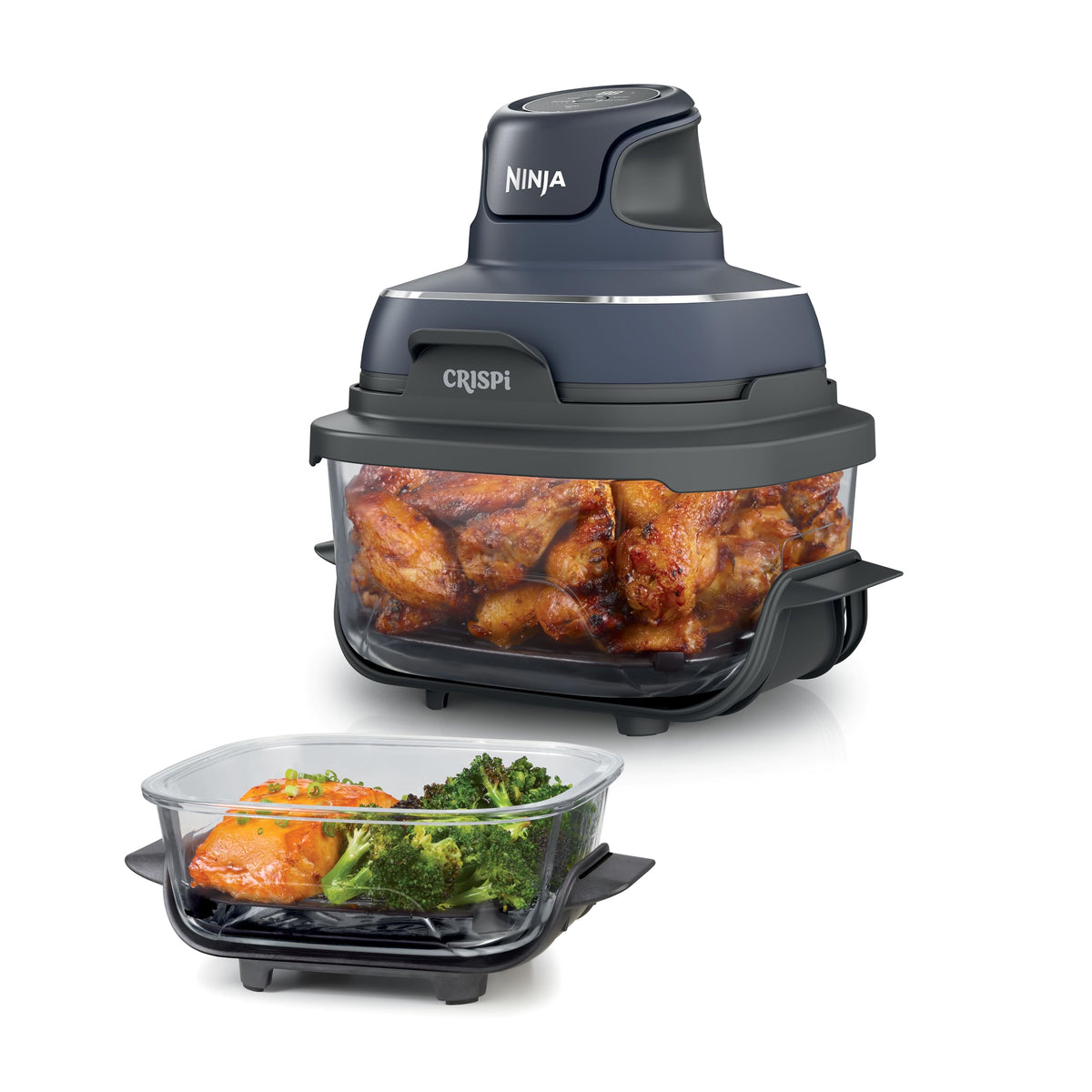 Ninja Crispi FN103 Freidora de Aire Portátil 5 en 1, Sistema de Cocción de Vidrio TempWare de 1500 W, 3 Recipientes de 3.8 L, 2.4 L y 1.4 L, Libre de PFAS, Azul (Reacondicionado)