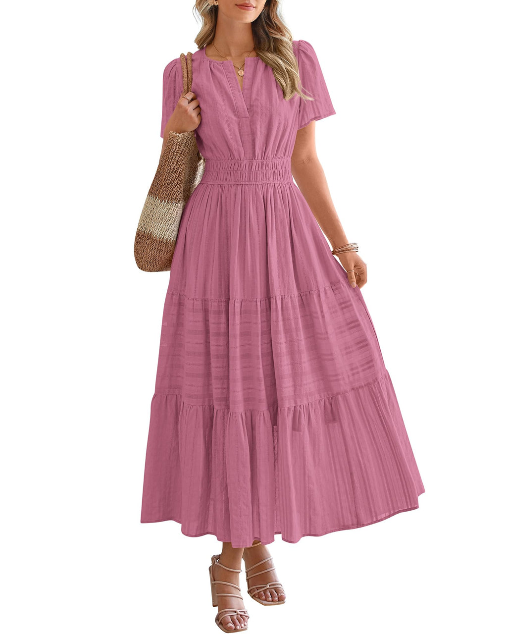 BTFBM - Vestido largo casual de verano 2025 midi y maxi para mujer, ligero, manga corta, cuello en V, cintura elástica, con bolsillos, estilo bohemio para playa