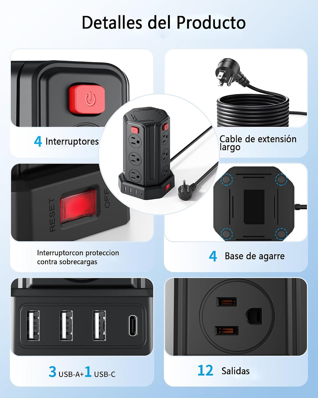 SMALLRT Torre Regleta Multicontacto, Extensión Eléctrica Plana de 3.04M, Negro