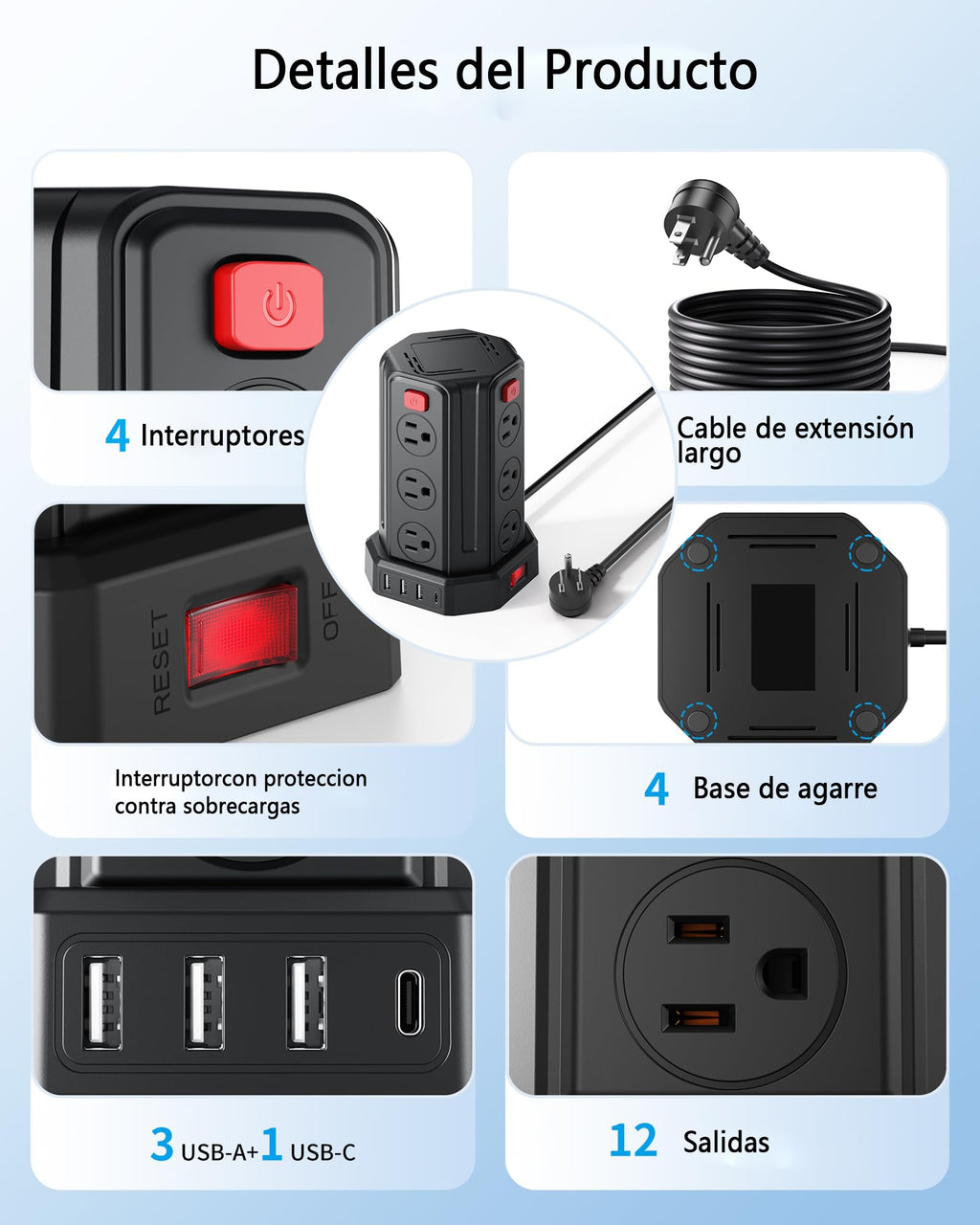 SMALLRT Torre Regleta Multicontacto, Extensión Eléctrica Plana de 3.04M, Negro