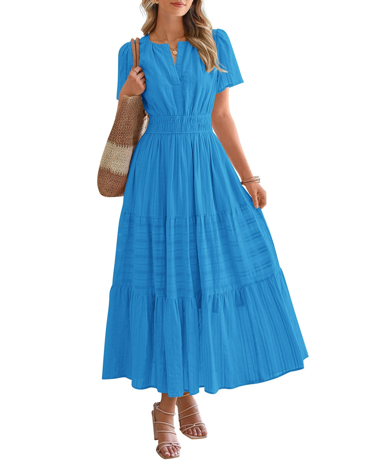 BTFBM - Vestido largo casual de verano 2025 midi y maxi para mujer, ligero, manga corta, cuello en V, cintura elástica, con bolsillos, bohemio para playa