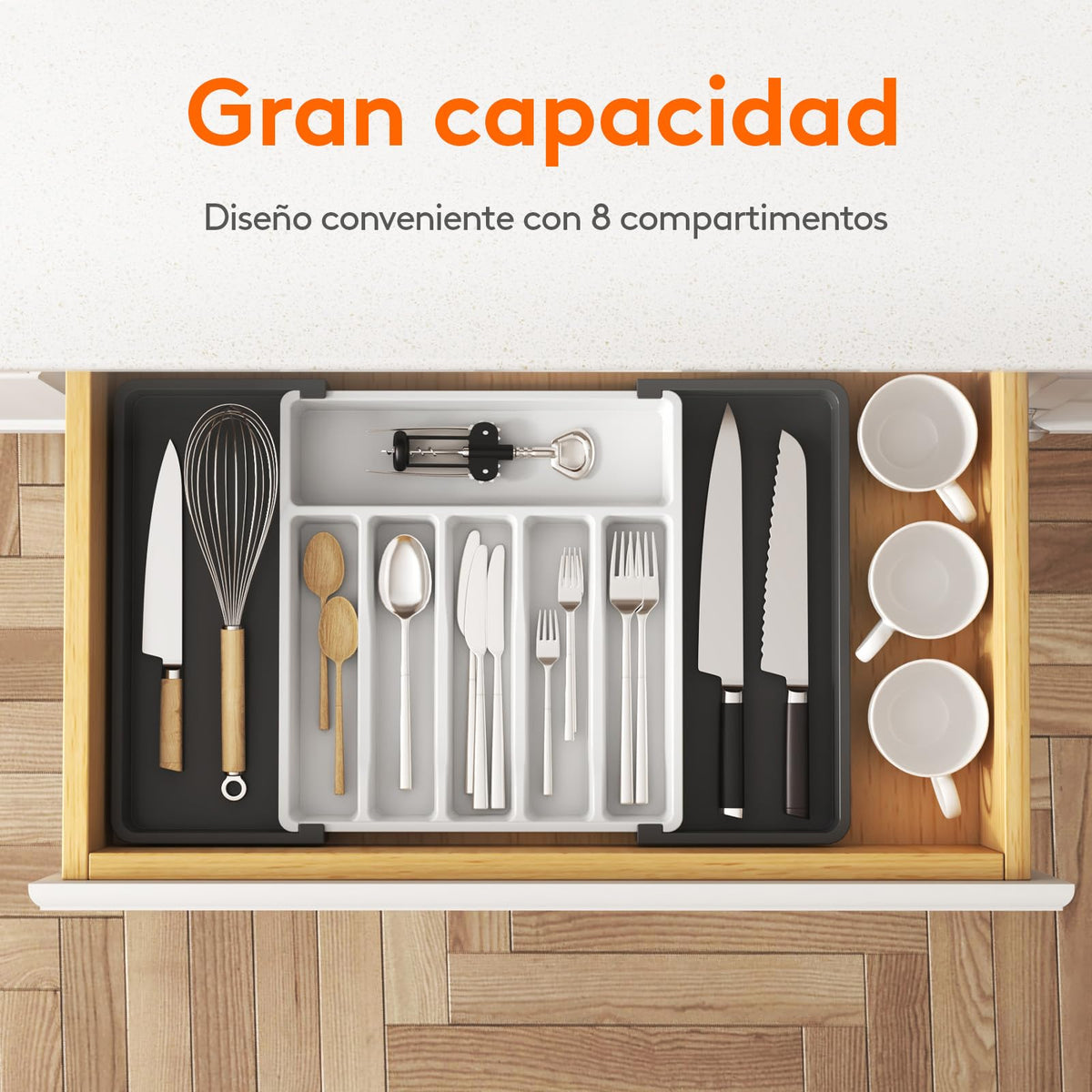 Lifewit Organizador de cubiertos, bandeja extensible para cubiertos, cubertero para cajón de cocina, organizador ajustable y compacto para cucharas, tenedores y cuchillos, grande, negro
