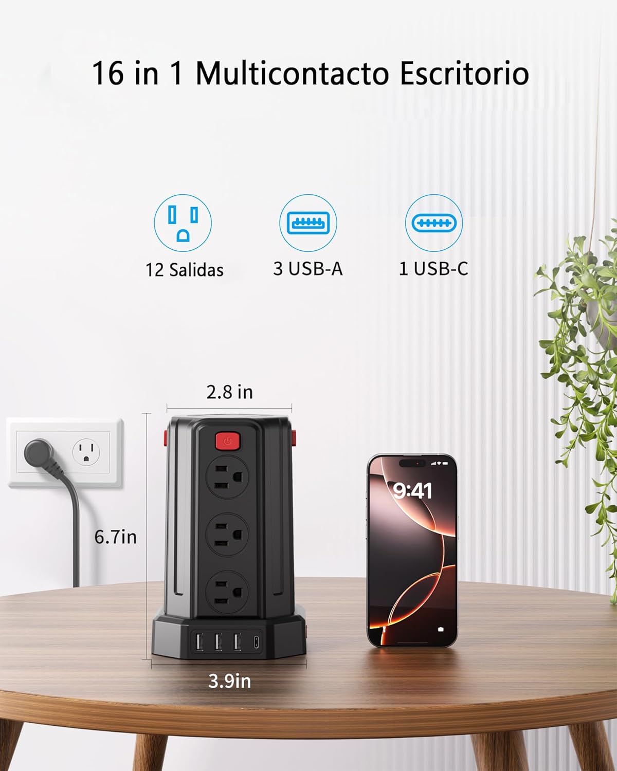SMALLRT Torre Regleta Multicontacto, Extensión Eléctrica Plana de 3.04M, Negro