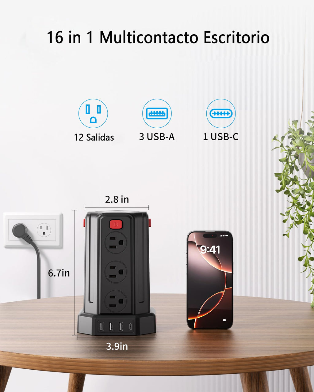 SMALLRT Torre Regleta Multicontacto, Extensión Eléctrica Plana de 3.04M, Negro
