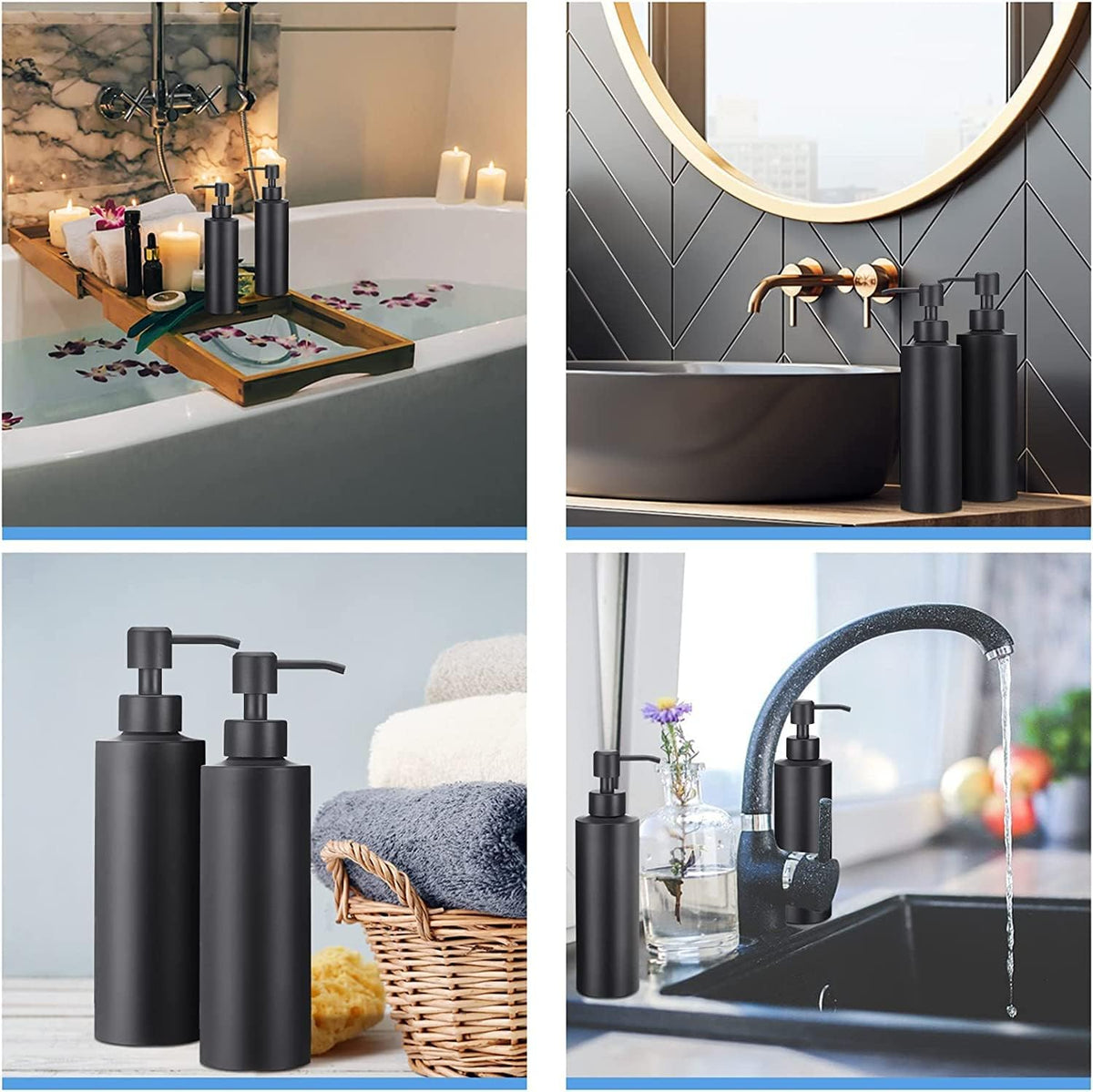 Timotech Dispensador de jabón de Acero Inoxidable de 12 onzas (2 Piezas) Dispensador de Jabón de Metal Negro Mate, Dispensador de jabón con Bomba, Contenedor de jabón para Cocina y baño
