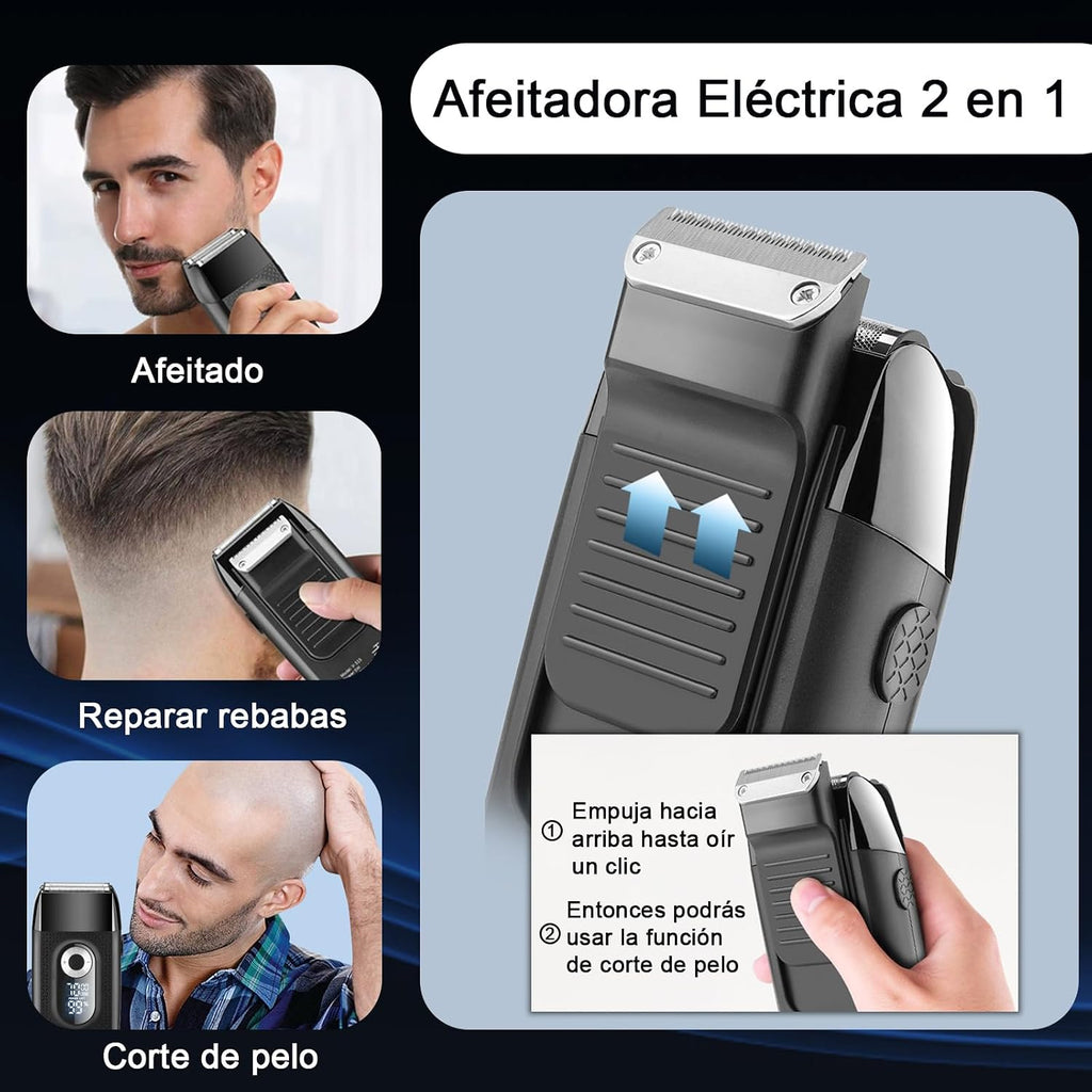 Afeitadora Eléctrica 2 en 1 para Hombre | Recargable USB, Resistente al Agua, 3 Velocidades
