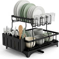 Raganet, Escurridor de Trastes Profesional 2 Niveles, Diseño de Acero Inoxidable Color Negro con Bandeja de Canaleta en 360°, Soporte de Vajilla, Vasos, Cubiertos y Accesorios de Cocina (42 x 33 cm)