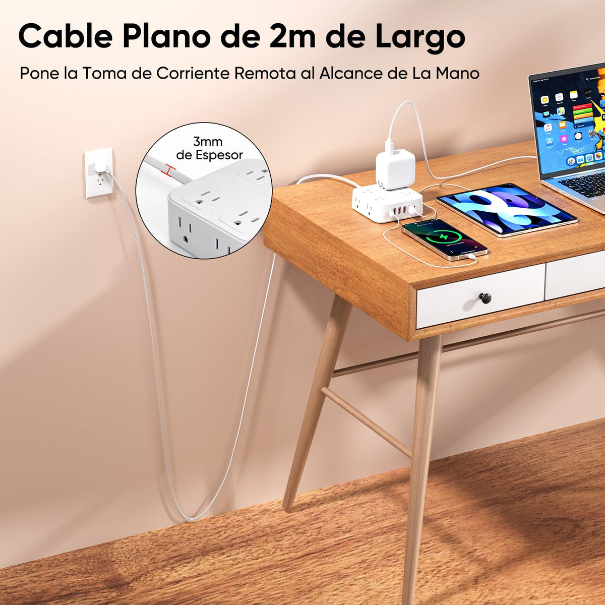 LUKITO Multicontacto Regleta 12 En1, Extensión Eléctrica con Protección contra Sobrecargas, Conector Multiple para Escritorio con Cable De 1.8m, 8 Salidas CA Y 4 Puertos USB (1 USB-c)