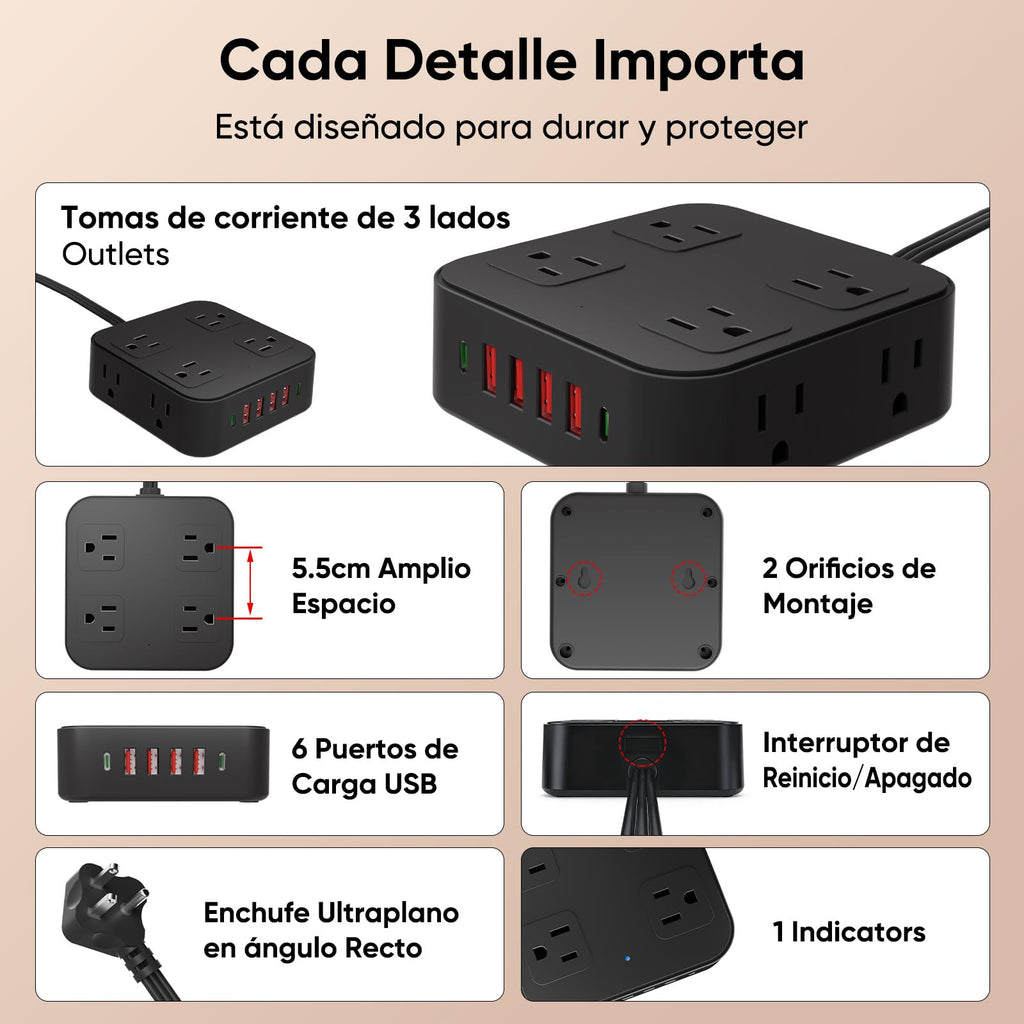 LUKITO Multicontacto Regleta 12 En1, Extensión Eléctrica con Protección contra Sobrecargas, Conector Multiple para Escritorio con Cable De 1.8m, 8 Salidas CA Y 4 Puertos USB (1 USB-c)