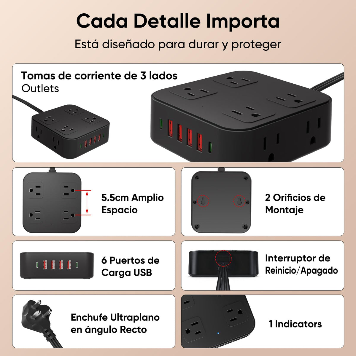 LUKITO Multicontacto Regleta 12 En1, Extensión Eléctrica con Protección contra Sobrecargas, Conector Multiple para Escritorio con Cable De 1.8m, 8 Salidas CA Y 4 Puertos USB (1 USB-c)