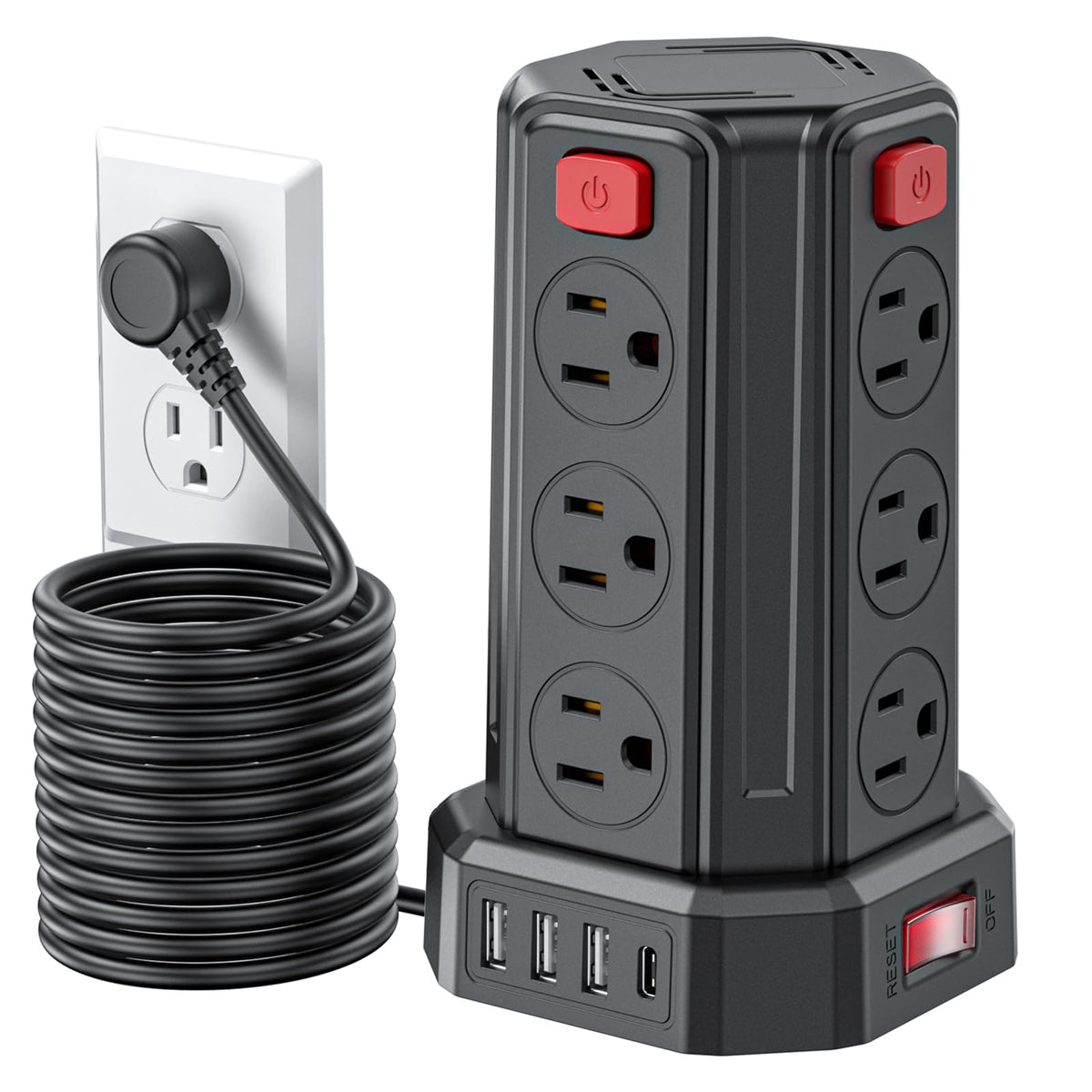 SMALLRT Torre Regleta Multicontacto,3.04M Plana Extension Electrica,Negro