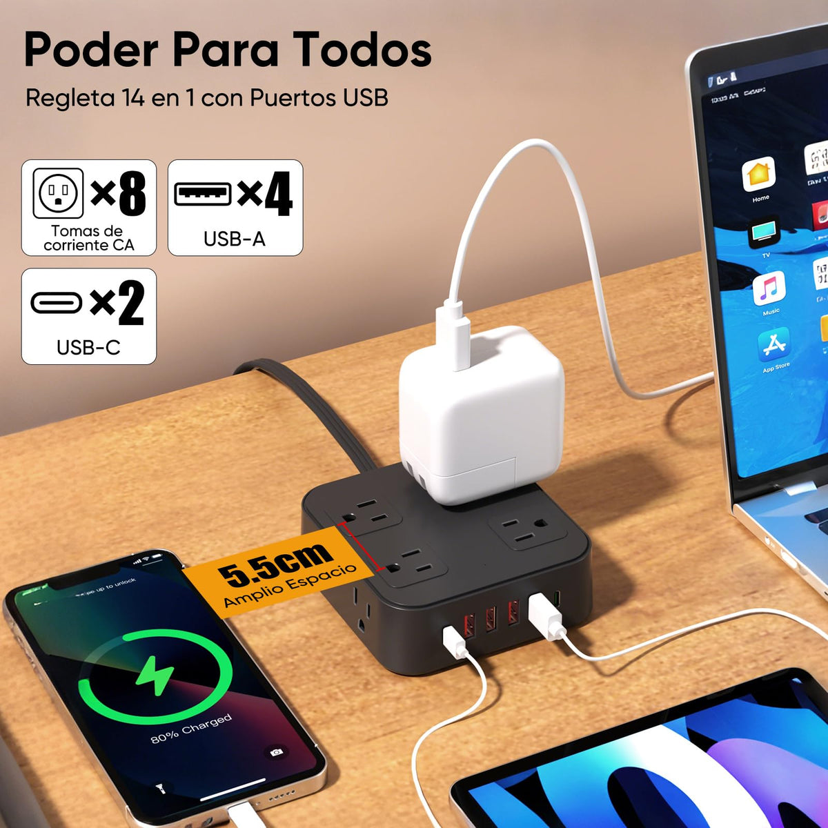 LUKITO Multicontacto Regleta 12 En1, Extensión Eléctrica con Protección contra Sobrecargas, Conector Multiple para Escritorio con Cable De 1.8m, 8 Salidas CA Y 4 Puertos USB (1 USB-c)