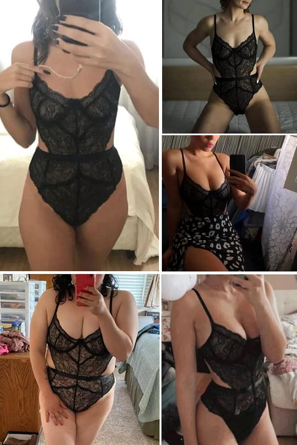 Aranmei - Body de lencería sexy para mujer, encaje a presión, cuello en V, recortado, una pieza, babydoll con aros