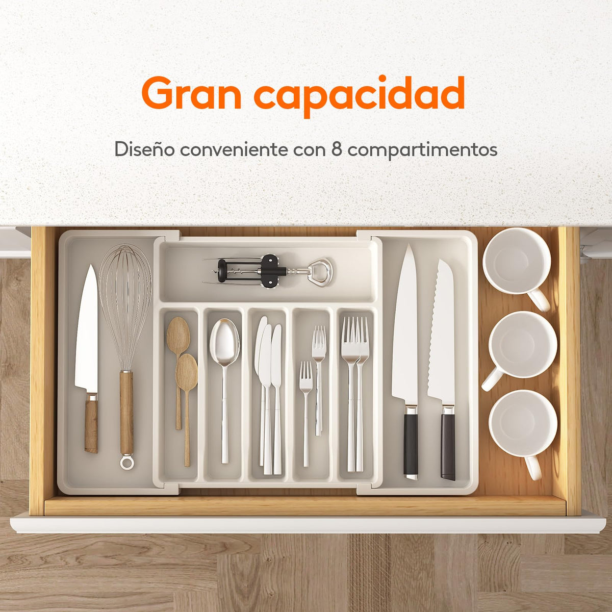 Lifewit Organizador de cubiertos, bandeja extensible para cubiertos, cubertero para cajón de cocina, organizador ajustable y compacto para cucharas, tenedores y cuchillos, grande, negro