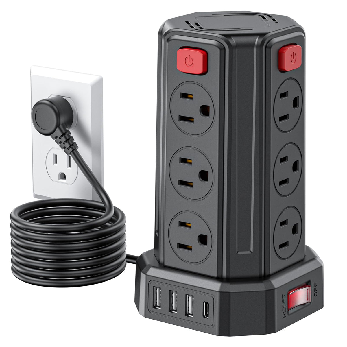 SMALLRT Torre Regleta Multicontacto,3.04M Plana Extension Electrica,Negro