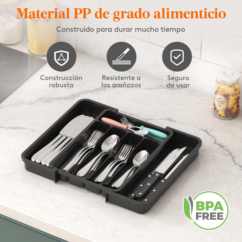 Lifewit Organizador de cubiertos, bandeja extensible para cubiertos, cubertero para cajón de cocina, organizador ajustable y compacto para cucharas, tenedores y cuchillos, grande, negro