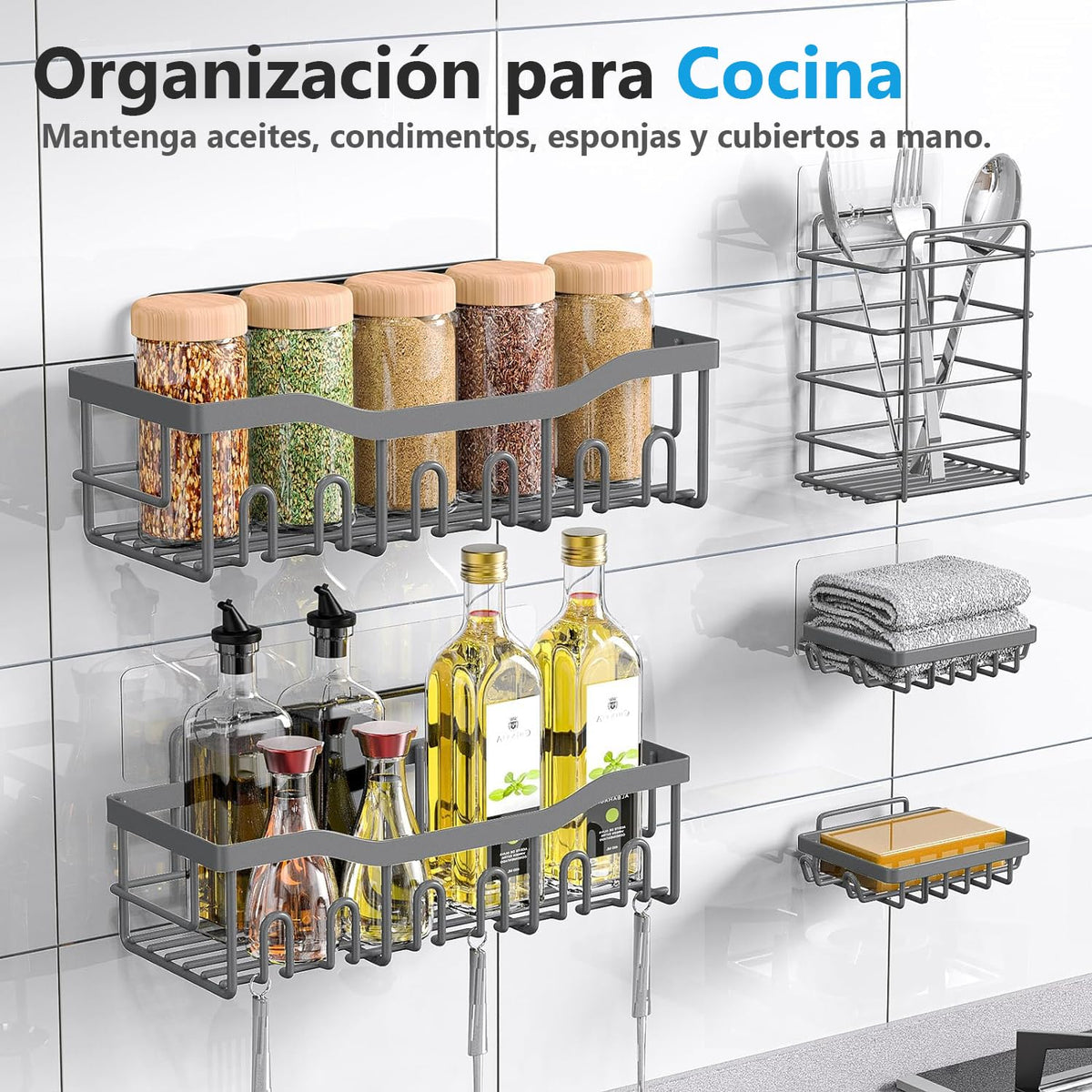 Paquete de 5 estantes para ducha con adhesivos, jabonera, cesta organizadora a prueba de óxido, sin taladrar, estante de almacenamiento (Paquete de 5)