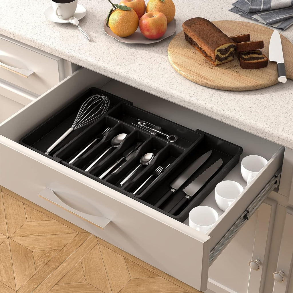 Lifewit Organizador de cubiertos, bandeja extensible para cubiertos, cubertero para cajón de cocina, organizador ajustable y compacto para cucharas, tenedores y cuchillos, grande, negro