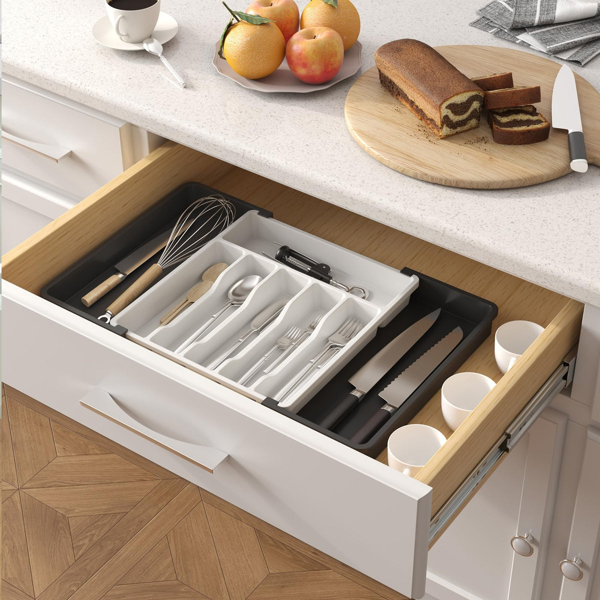 Lifewit Organizador de cubiertos, bandeja extensible para cubiertos, cubertero para cajón de cocina, organizador ajustable y compacto para cucharas, tenedores y cuchillos, grande, negro