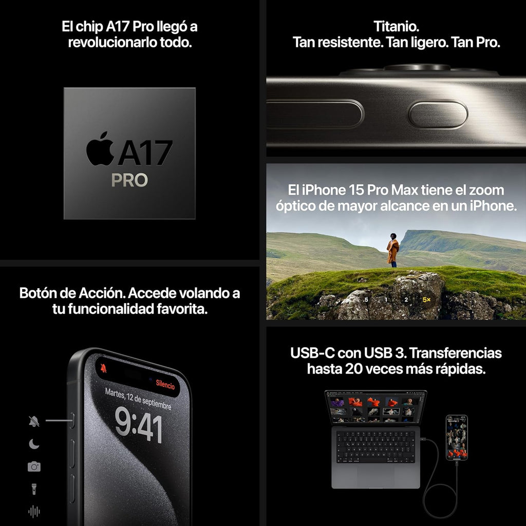 Apple iPhone 15 Pro MAX 256GB Titanio Negro Desbloqueado - Esim (Reacondicionado)