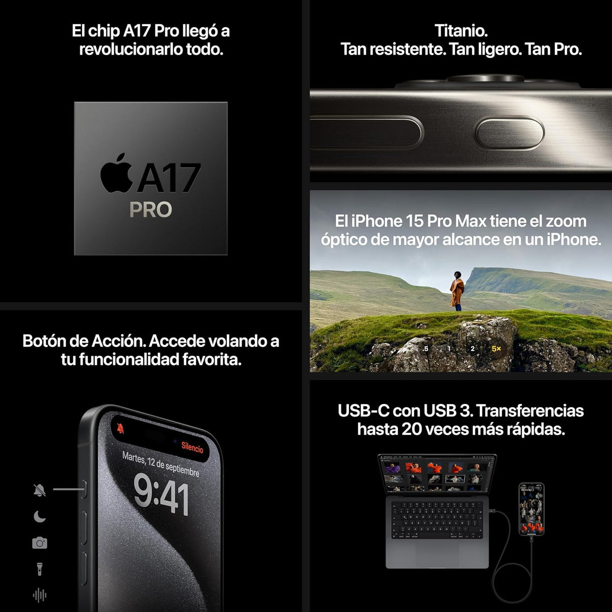 Apple iPhone 15 Pro MAX 256GB Titanio Negro Desbloqueado - Esim (Reacondicionado)