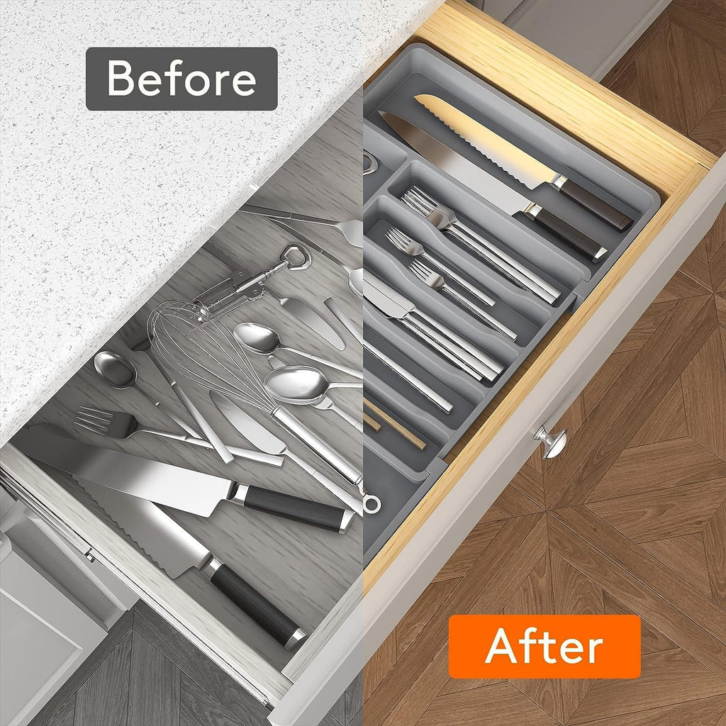 Lifewit Organizador de cubiertos, bandeja extensible para cubiertos, cubertero para cajón de cocina, organizador ajustable y compacto para cucharas, tenedores y cuchillos, grande, negro