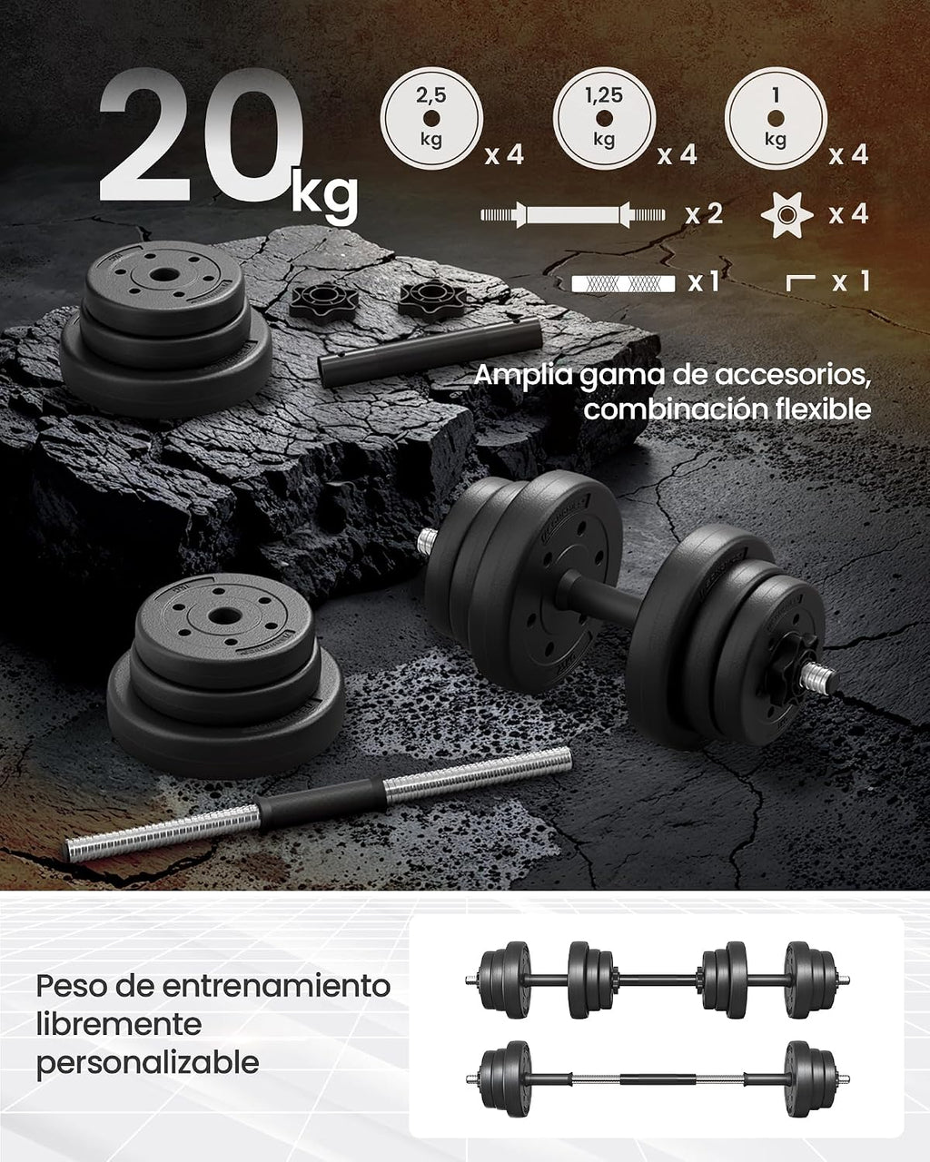 SONGMICS Juego de mancuernas 2 en 1, mancuernas ajustables de 20/30 kg, con barra de conexión, gimnasio en casa, negro tinta