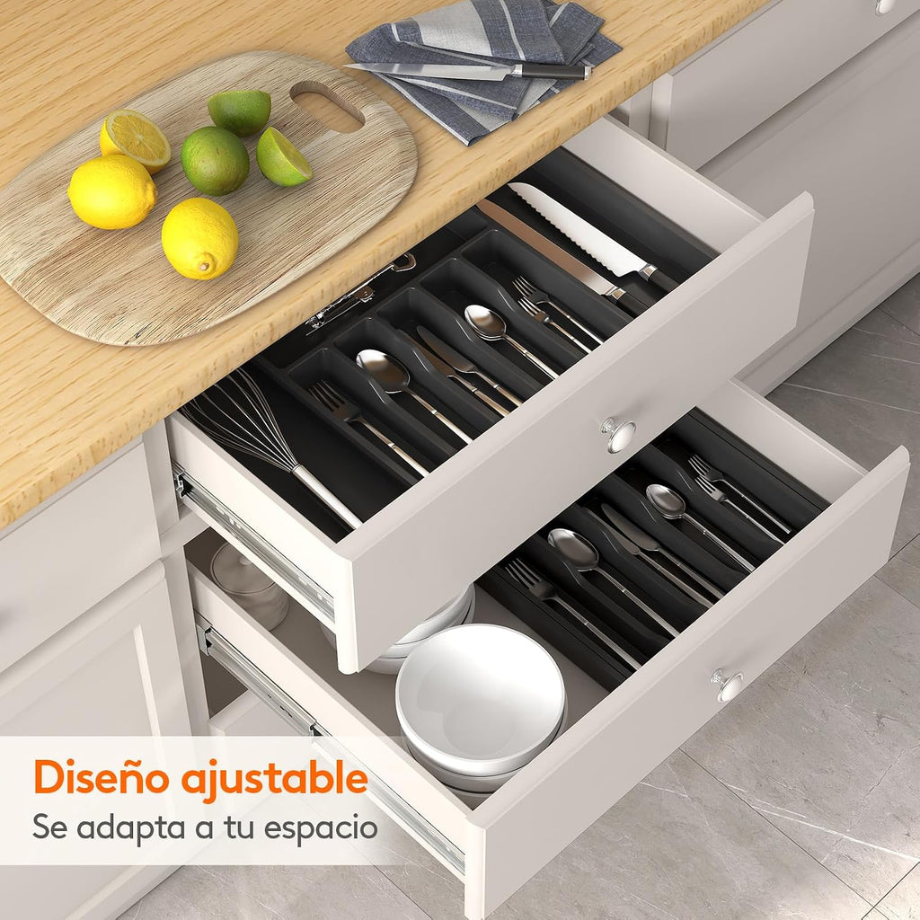 Lifewit Organizador de cubiertos, bandeja extensible para cubiertos, cubertero para cajón de cocina, organizador ajustable y compacto para cucharas, tenedores y cuchillos, grande, negro
