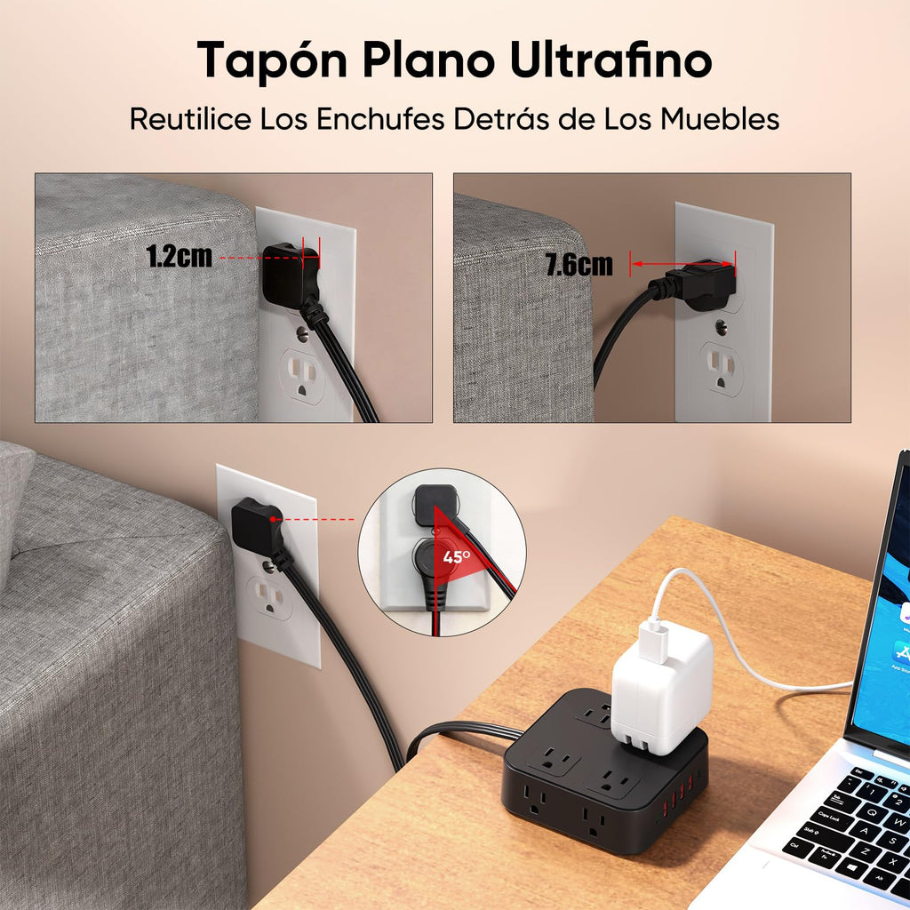LUKITO Multicontacto Regleta 12 En1, Extensión Eléctrica con Protección contra Sobrecargas, Conector Multiple para Escritorio con Cable De 1.8m, 8 Salidas CA Y 4 Puertos USB (1 USB-c)