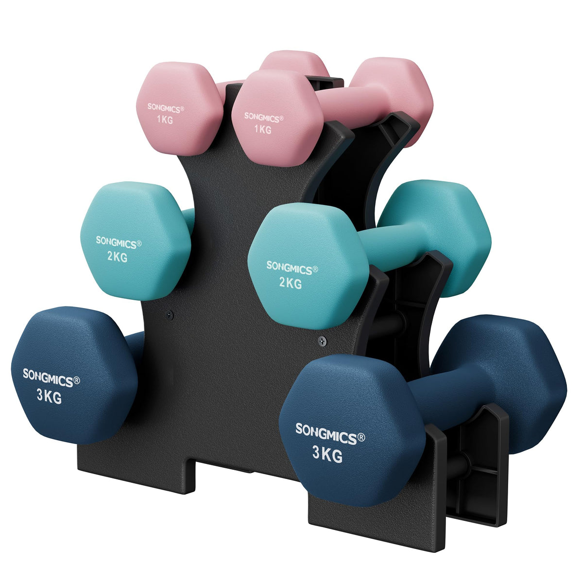 Set de 6 Mancuernas SONGMICS con Soporte – 1, 2 y 3 kg | Vinilo Antideslizante Premium