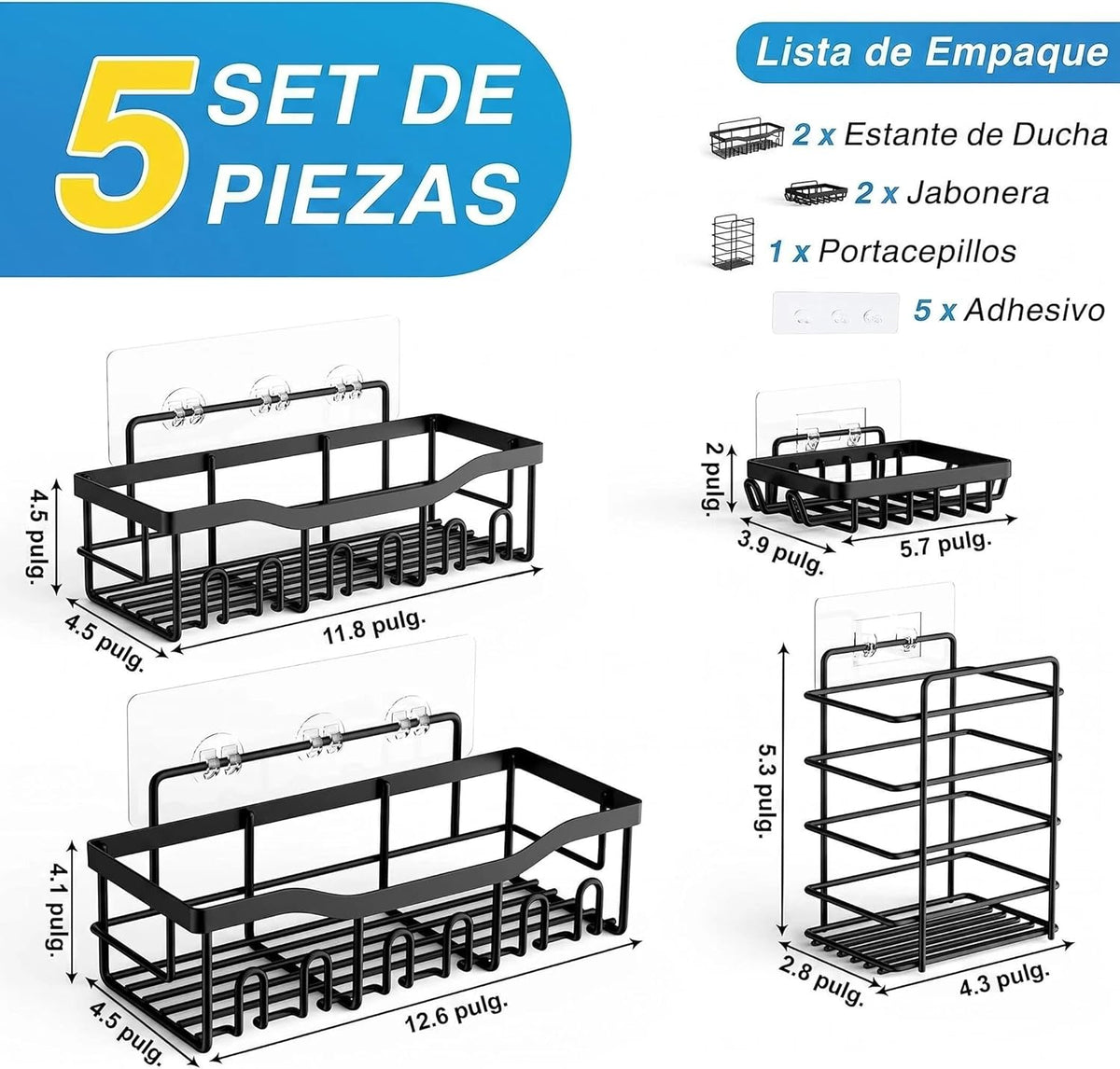 Paquete de 5 estantes para ducha con adhesivos, jabonera, cesta organizadora a prueba de óxido, sin taladrar, estante de almacenamiento (Paquete de 5)