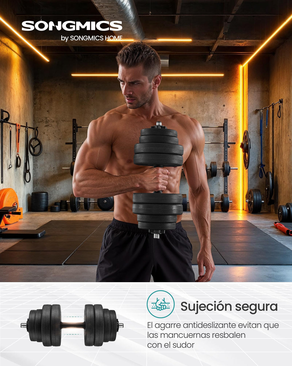 SONGMICS Juego de mancuernas 2 en 1, mancuernas ajustables de 20/30 kg, con barra de conexión, gimnasio en casa, negro tinta
