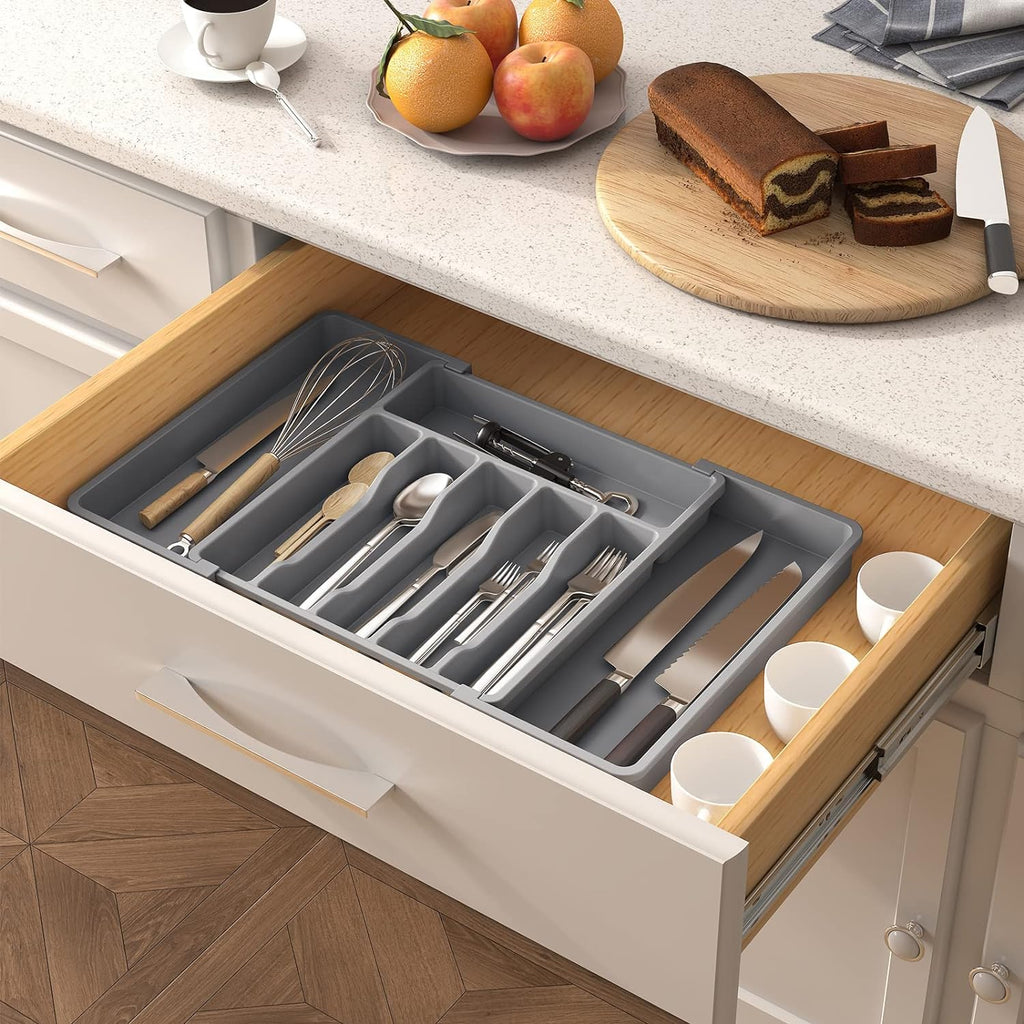 Lifewit Organizador de cubiertos, bandeja extensible para cubiertos, cubertero para cajón de cocina, organizador ajustable y compacto para cucharas, tenedores y cuchillos, grande, negro