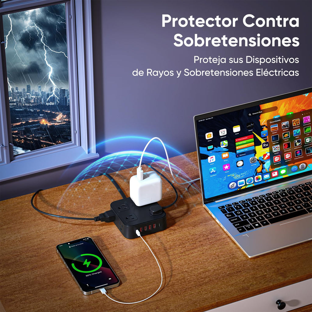 LUKITO Multicontacto Regleta 12 En1, Extensión Eléctrica con Protección contra Sobrecargas, Conector Multiple para Escritorio con Cable De 1.8m, 8 Salidas CA Y 4 Puertos USB (1 USB-c)