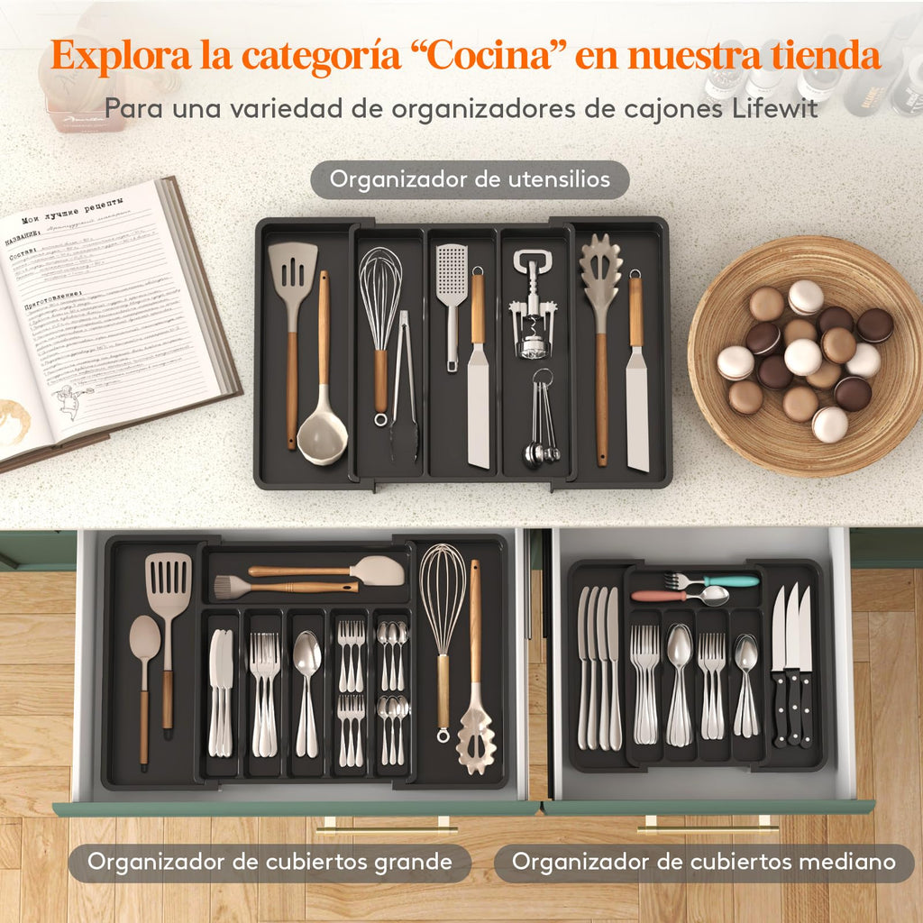 Lifewit Organizador de cubiertos, bandeja extensible para cubiertos, cubertero para cajón de cocina, organizador ajustable y compacto para cucharas, tenedores y cuchillos, grande, negro