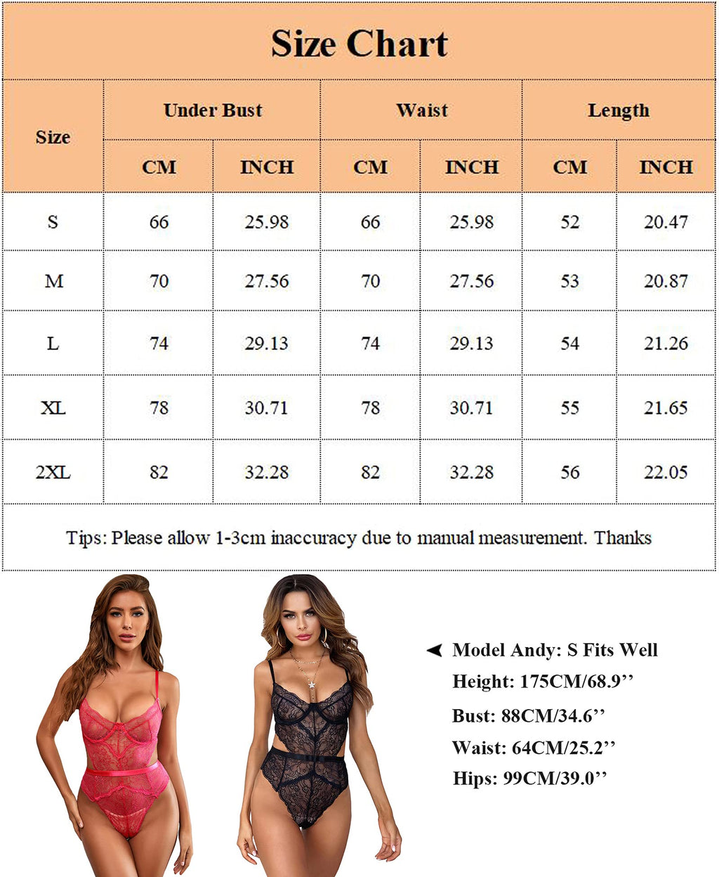 Aranmei - Body de lencería sexy para mujer, encaje a presión, cuello en V, recortado, una pieza, babydoll con aros