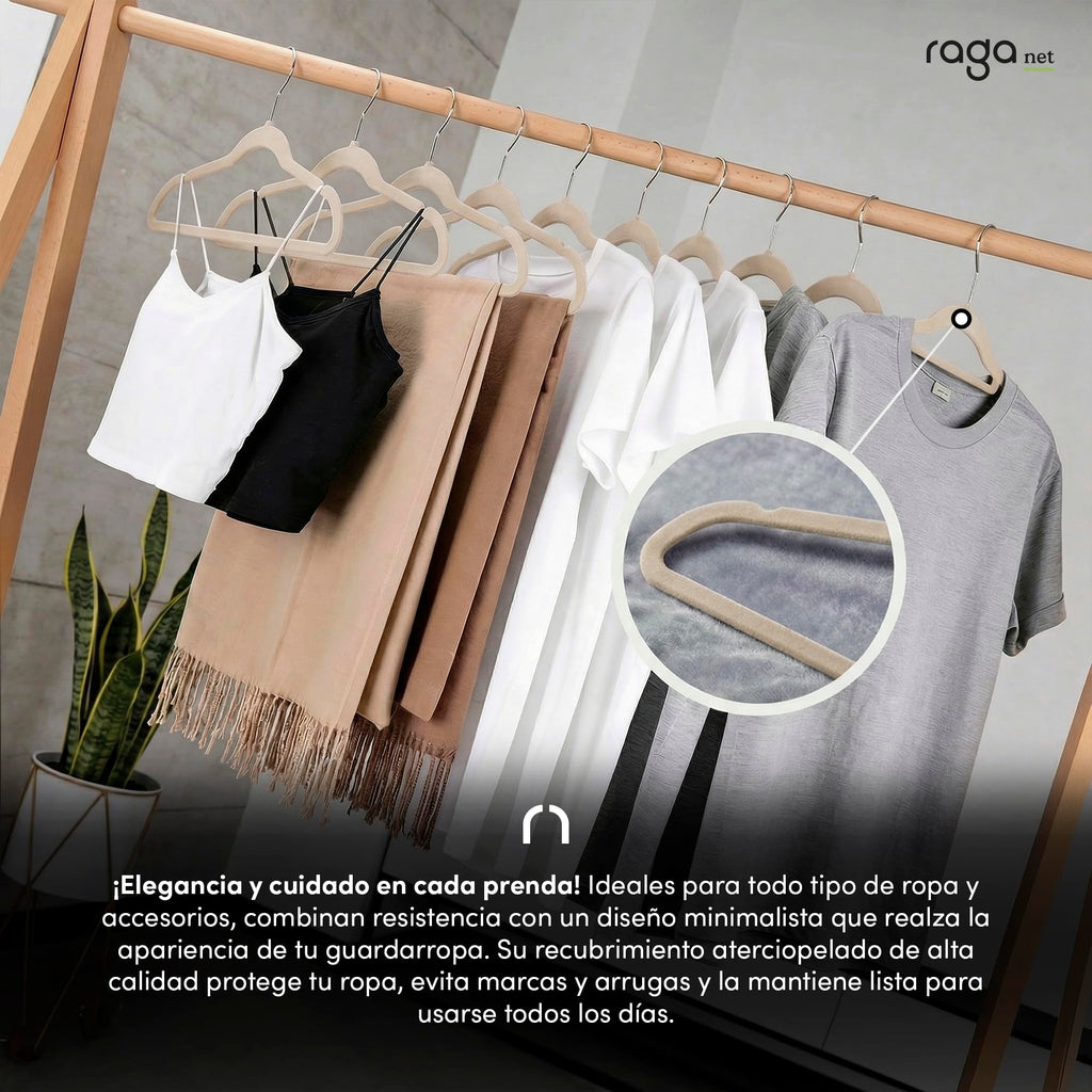 RagaBasics, Set de 50 Ganchos Metalicos Cubiertos con Terciopelo, Perchas de Alta Calidad, Gancho con Rotacion 360°, Ganchos Antideslizantes y Resistentes (Negro)