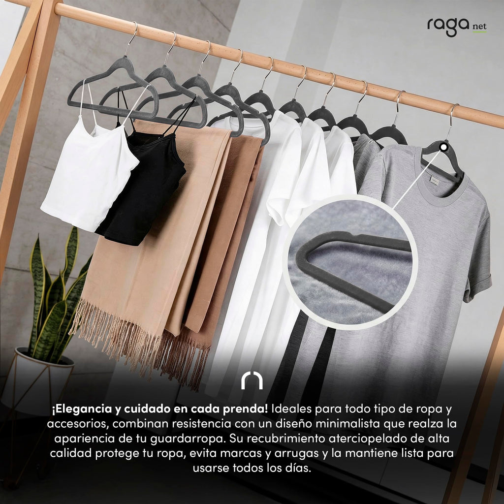 RagaBasics, Set de 50 Ganchos Metalicos Cubiertos con Terciopelo, Perchas de Alta Calidad, Gancho con Rotacion 360°, Ganchos Antideslizantes y Resistentes (Negro)