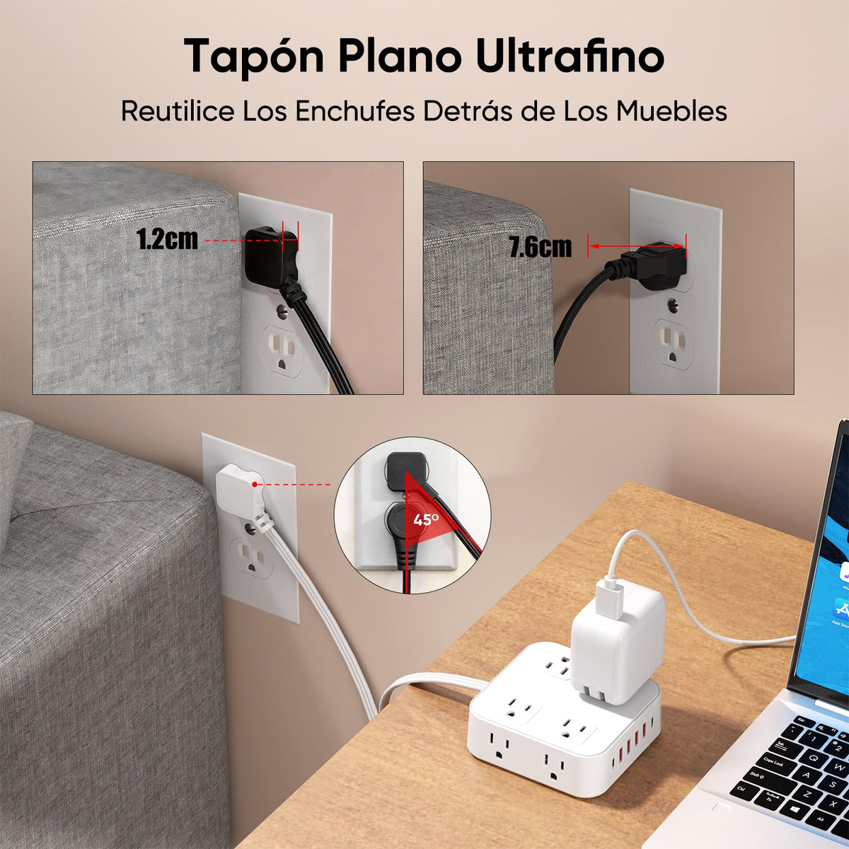 LUKITO Multicontacto Regleta 12 En1, Extensión Eléctrica con Protección contra Sobrecargas, Conector Multiple para Escritorio con Cable De 1.8m, 8 Salidas CA Y 4 Puertos USB (1 USB-c)