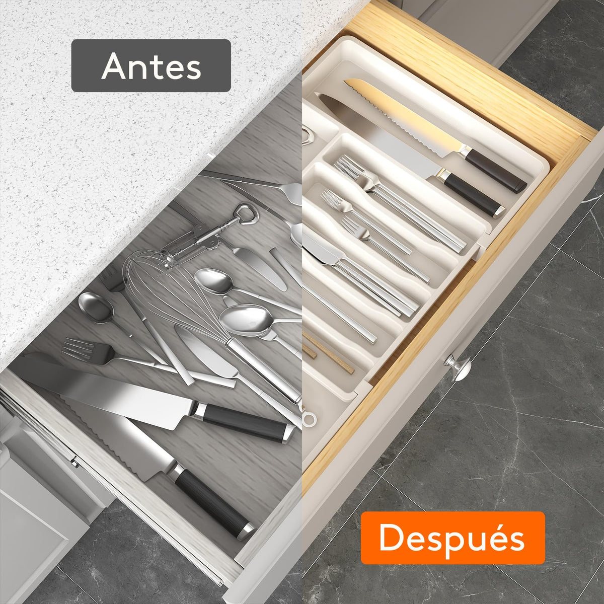 Lifewit Organizador de cubiertos, bandeja extensible para cubiertos, cubertero para cajón de cocina, organizador ajustable y compacto para cucharas, tenedores y cuchillos, grande, negro