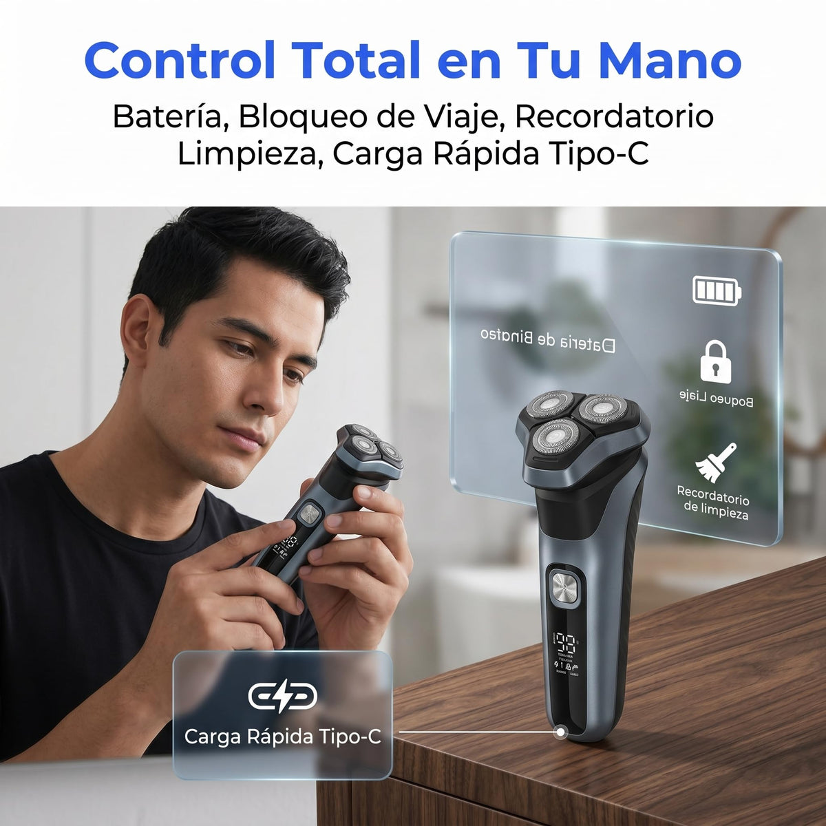 Afeitadora Eléctrica,Pantalla LED inteligente Shaver,Totalmente Lavable,Recortadora Barba Multifuncional para Barba, Nariz, Cabello