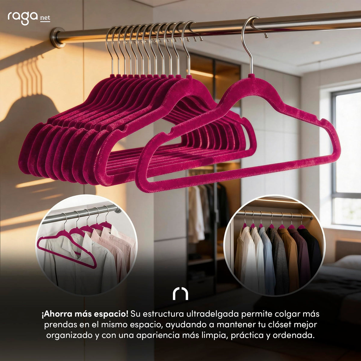 RagaBasics, Set de 50 Ganchos Metalicos Cubiertos con Terciopelo, Perchas de Alta Calidad, Gancho con Rotacion 360°, Ganchos Antideslizantes y Resistentes (Negro)