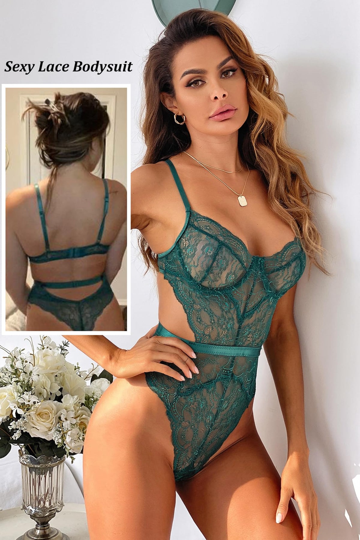 Aranmei - Body de lencería sexy para mujer, encaje a presión, cuello en V, recortado, una pieza, babydoll con aros